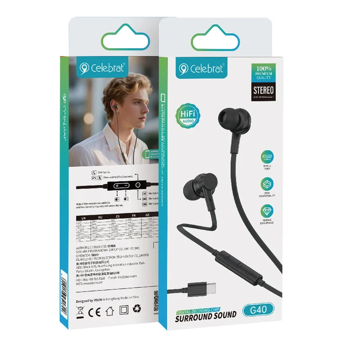 Celebrat G40 In-ear Handsfree Ακουστικά με Βύσμα USB-C Μαύρο