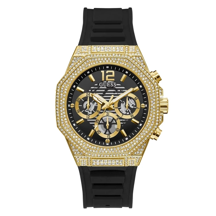 GUESS Men's Quartz Watch GW0518G2 (44mm) - Black Dial, Gold Case, Black Silicone Strap