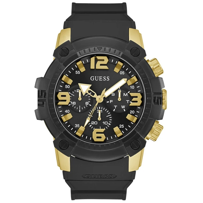 GUESS Men's Watch GW0911G3 – 52mm Black Dial, Gold Stainless Steel Case, Black Silicone Strap