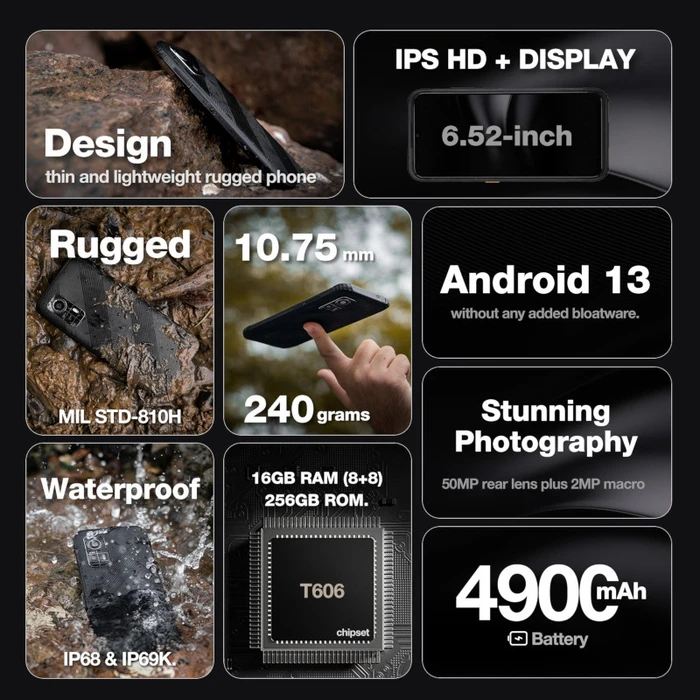 AGM H6 LITE Black Rugged Waterproof Smartphone 6.56" (8GB/128GB) Dual SIM NFC, MIL-STD-810H