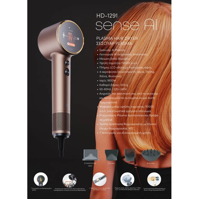 IQ HD-1291 SENSE AI Ionic Πιστολάκι Μαλλιών 1600 W