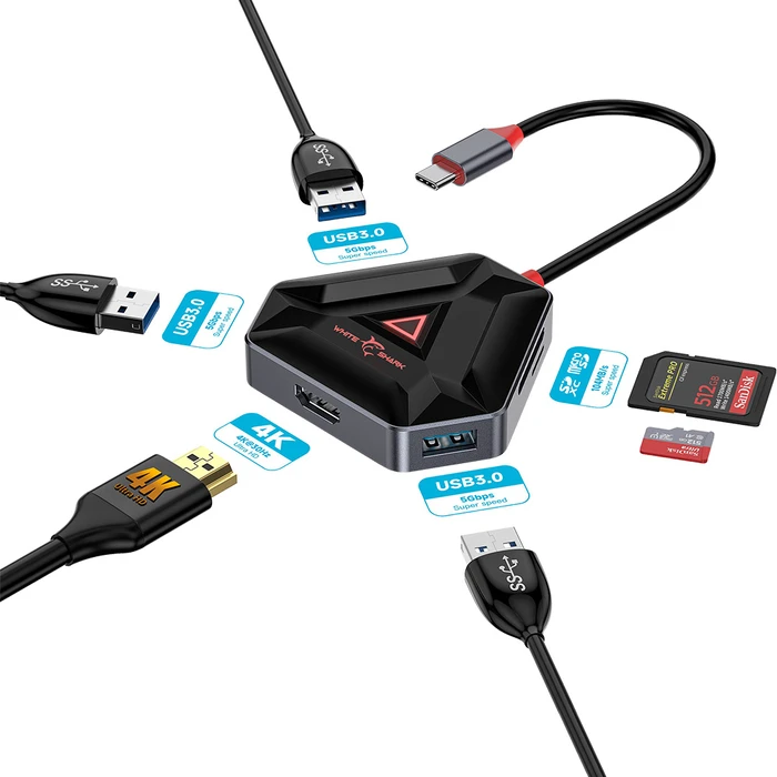 USB HUB White Shark 6in1 Type-C Black/Silver
