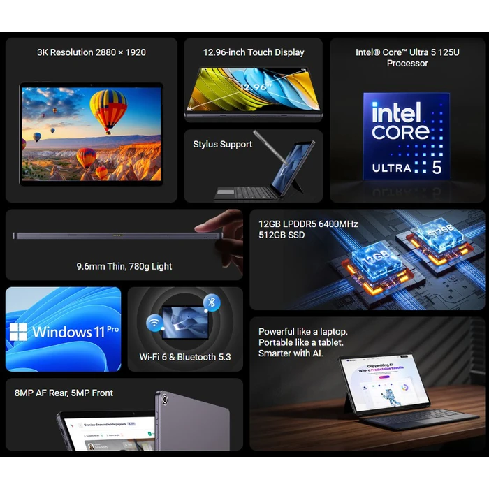 CHUWI Hi10 Max tablet 12.96" 12GB/512GB με πληκτρολόγιο & θήκη kickstand, Windows 11 Pro, Γκρι