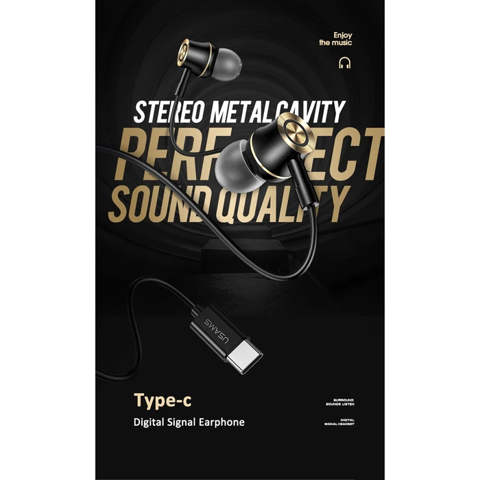 Handsfree Ακουστικά Usams US-SJ482, USB-C σύνδεση, Φ10mm, 1.2m, Μαύρα