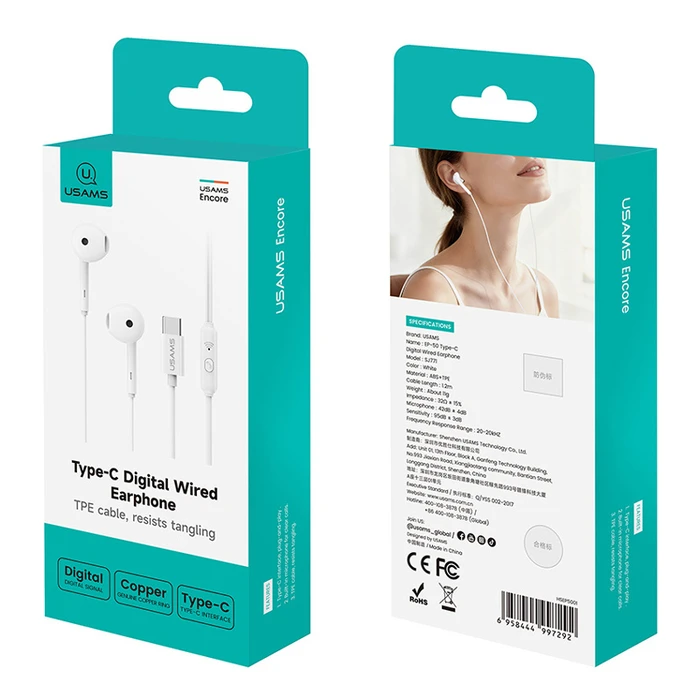 Usams Ep-50 In-ear Handsfree Ακουστικά με Βύσμα USB-C Λευκό
