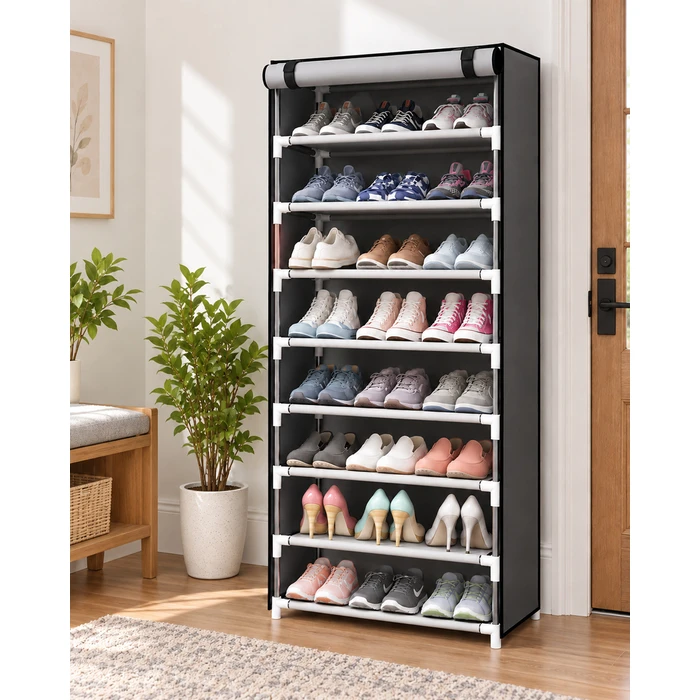 HOME USE υφασμάτινη παπουτσοθήκη HUH-0266 με 8 ράφια, 60x30x122 cm, γκρι