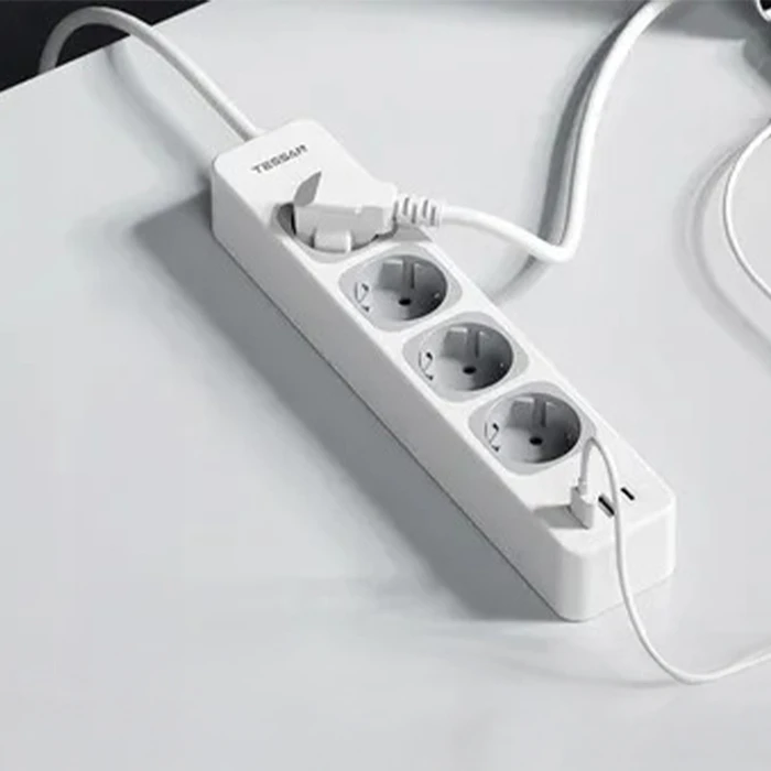 Tessan Smart Power Strip TS-307-C — 4x Schuko, 2x USB-A, 1x USB-C, 2m Cable, White