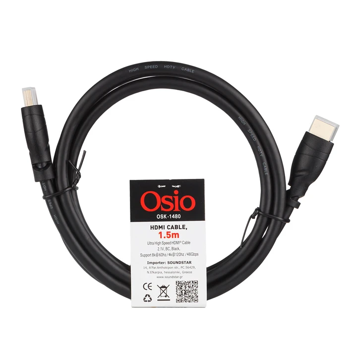 Καλώδιο HDMI Osio OSK-1480 Ultra High Speed 2.1, 4K/8K, 48 Gbps με ethernet αρσενικό σε αρσενικό 1.5m