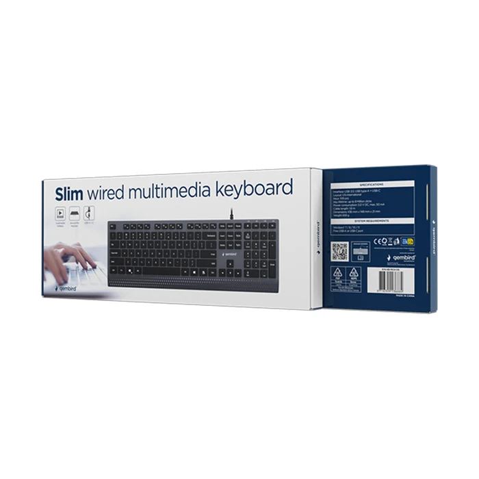 GEMBIRD KB-MCH-06 Slim Wired Multimedia USB Keyboard with Type-C Adapter, US-International Layout, Black