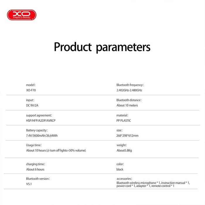 XO Bluetooth Speaker F70 Dual AC DC 6 5 RGB 40W