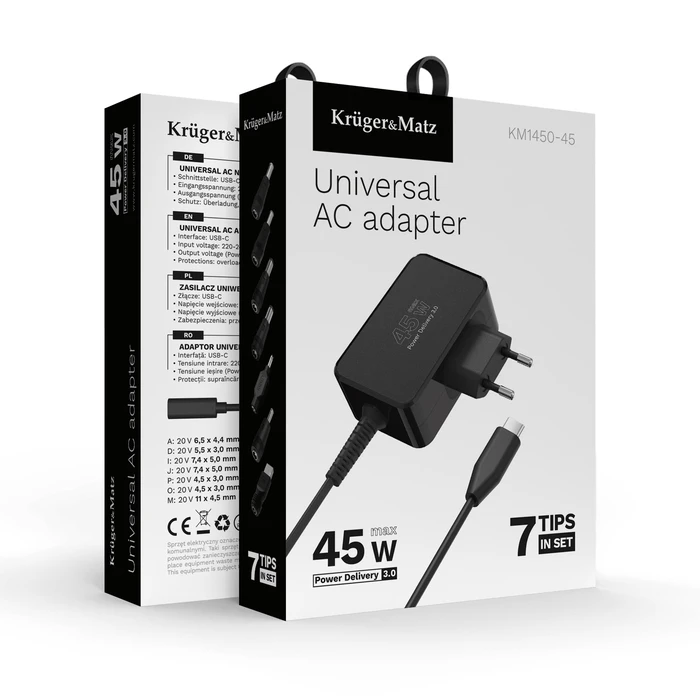 Kruger&Matz Universal Laptop Charger USB-C 45W (KM1450-45) with Detachable Cable and 7 Tips