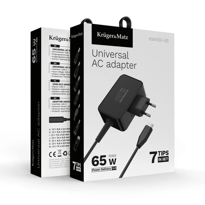 Universal USB-C 65W Laptop Charger Kruger&Matz KM1450-65 with detachable cable and 7 interchangeable tips