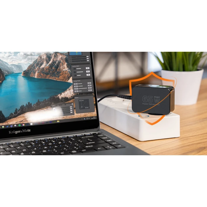 Universal USB-C 65W Laptop Charger Kruger&Matz KM1450-65 with detachable cable and 7 interchangeable tips