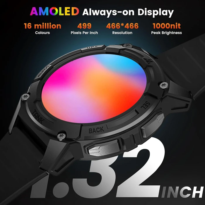 KOSPET TANK S2 Waterproof Smartwatch with Heart Rate & GPS - 1.32" AMOLED (Black)
