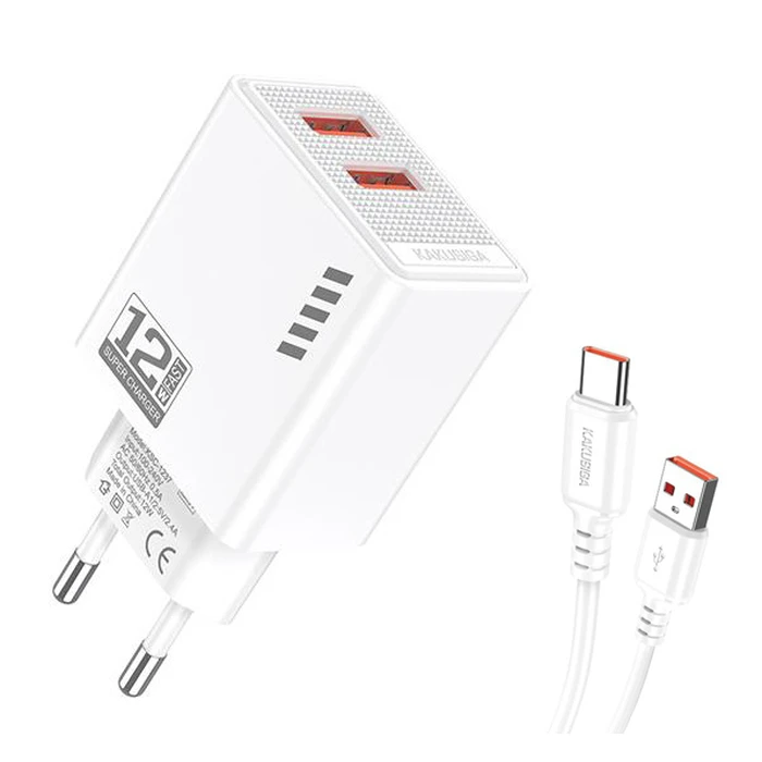 KAKUSIGA φορτιστής τοίχου KSC-1238 με καλώδιο USB-C 2x USB 12W λευκός
