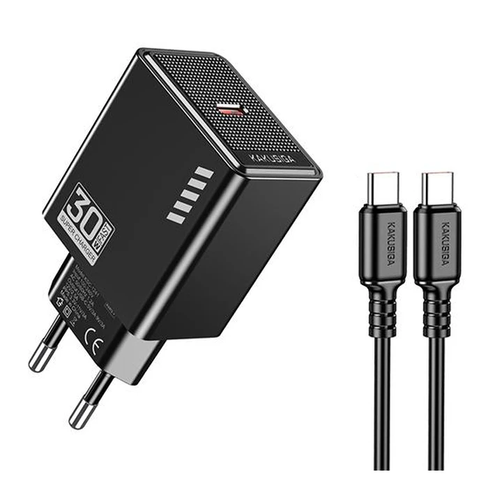 Kakusiga Φορτιστής με Θύρα USB-C και Καλώδιο USB-C - USB-C 30W Μαύρος (KSC-1242)