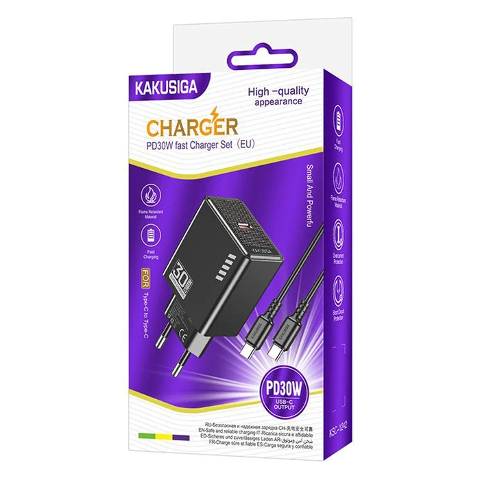 Kakusiga Φορτιστής με Θύρα USB-C και Καλώδιο USB-C - USB-C 30W Μαύρος (KSC-1242)