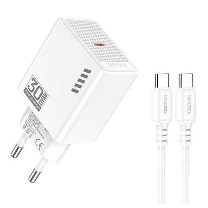 Kakusiga Φορτιστής με Θύρα USB-C και Καλώδιο USB-C - USB-C 30W Power Delivery Λευκός (KSC-1242)