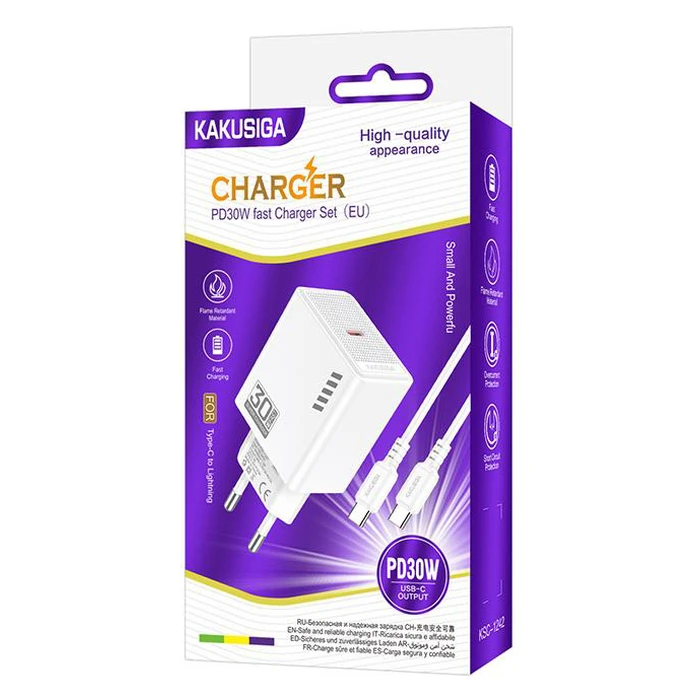 Kakusiga Φορτιστής με Θύρα USB-C και Καλώδιο USB-C - USB-C 30W Power Delivery Λευκός (KSC-1242)