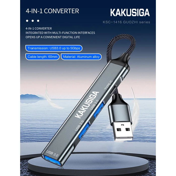 USB Hub Kakusiga KSC-1416, 4X Θυρών, USB 3.0, 5Gbps, USB Σύνδεση, Γκρι