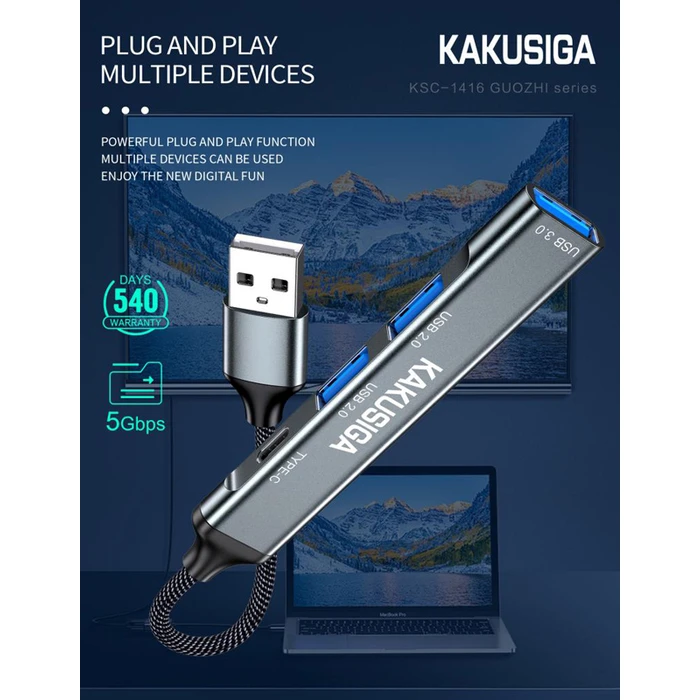 USB Hub Kakusiga KSC-1416, 4X Θυρών, USB 3.0, 5Gbps, USB Σύνδεση, Γκρι