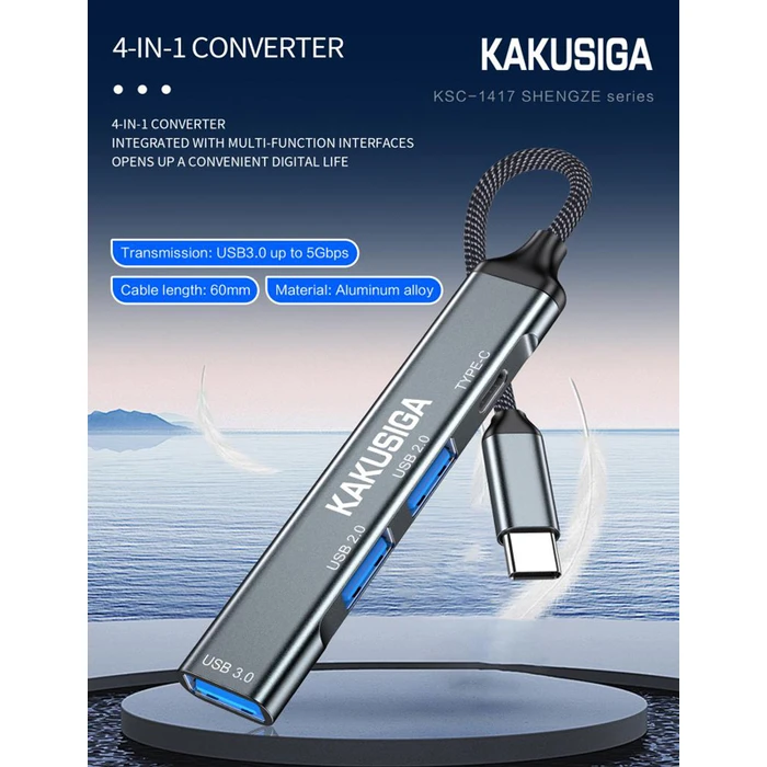 USB Hub Kakusiga KSC-1417, 4X Θυρών, USB 3.0, 5Gbps, USB-C, Γκρι