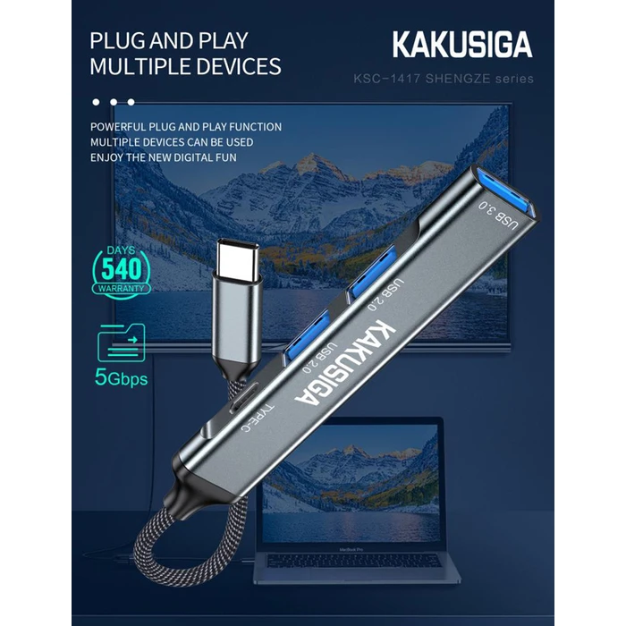 USB Hub Kakusiga KSC-1417, 4X Θυρών, USB 3.0, 5Gbps, USB-C, Γκρι