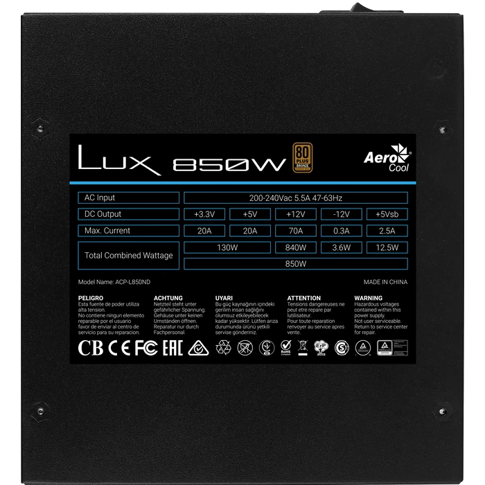 Τροφοδοτικό 850W Aerocool LUX unit 20+4 pin ATX Black
