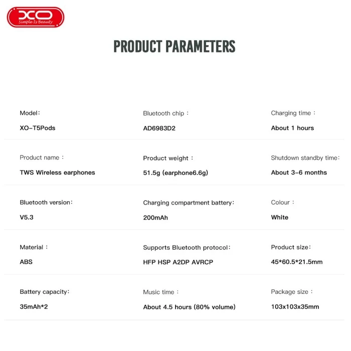 XO Ακουστικά Bluetooth XO T5 Pods Λευκά