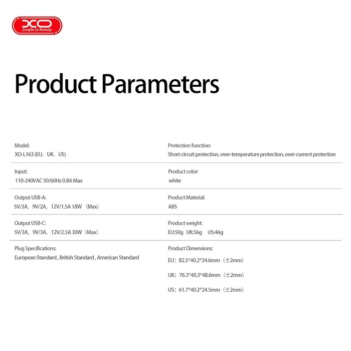 XO Φορτιστής Ταχείας Φόρτισης PD 30W & QC 18W USB-A + USB-C (L163 UK)