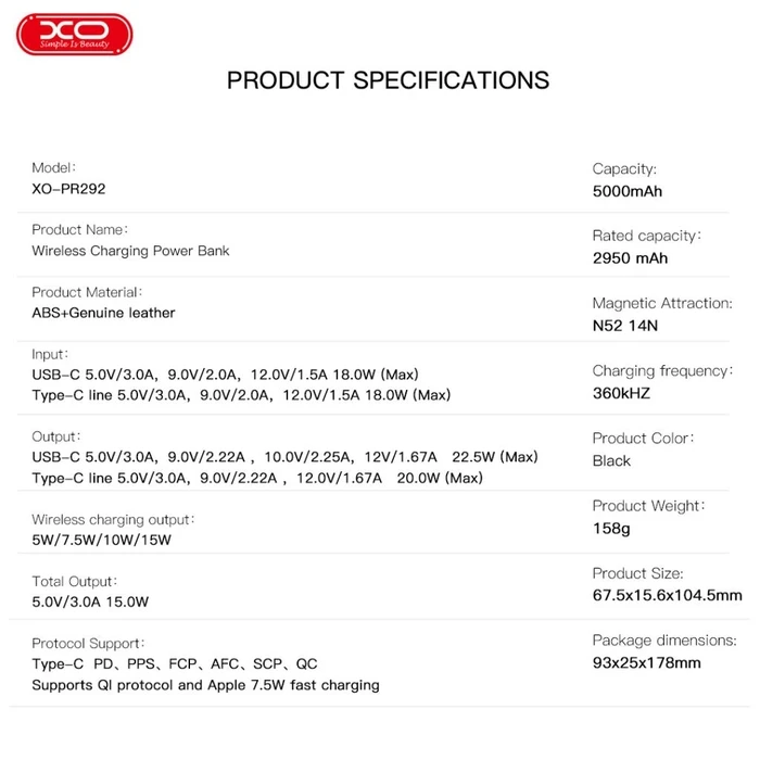 XO PR292 Πολυλειτουργικό Μαγνητικό Power Bank 5000mAh με USB-C