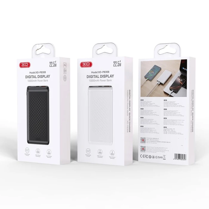XO PB308 Power Bank 10000mAh Γρήγορης Φόρτισης 22.5W USB-A & 20W USB-C Μαύρο