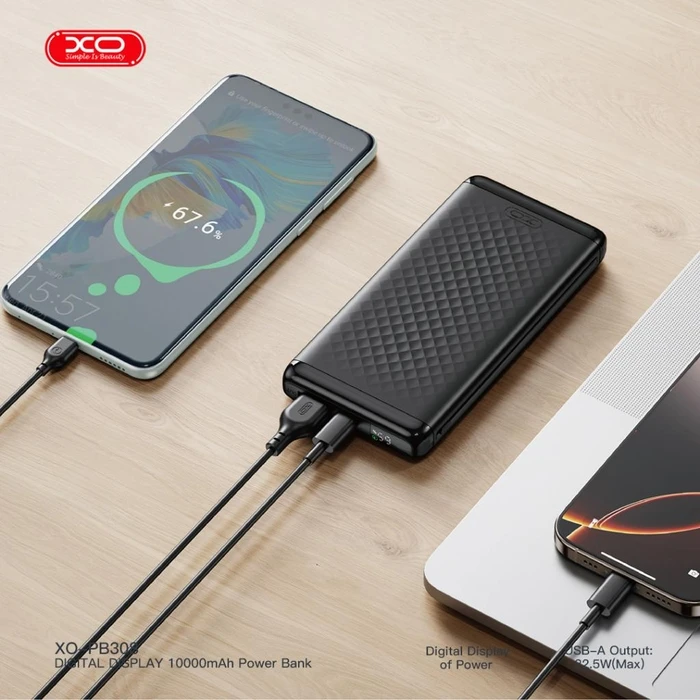 XO PB308 Power Bank 10000mAh Γρήγορης Φόρτισης 22.5W USB-A & 20W USB-C Μαύρο