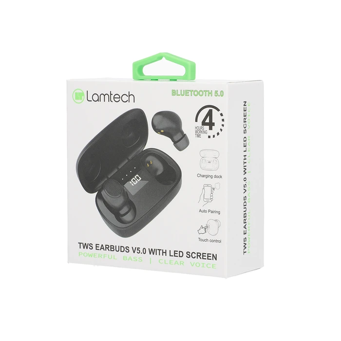 Bluetooth Handsfree Lamtech TWS V5.0 With LED SCREEN Black