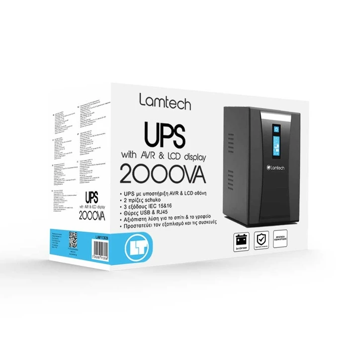 UPS Lamtech with AVR AND LCD DISPLAY 2000VA, 2x12V/9AH, 2xSCHUKO, 3xIEC, USB & RJ45 PORT