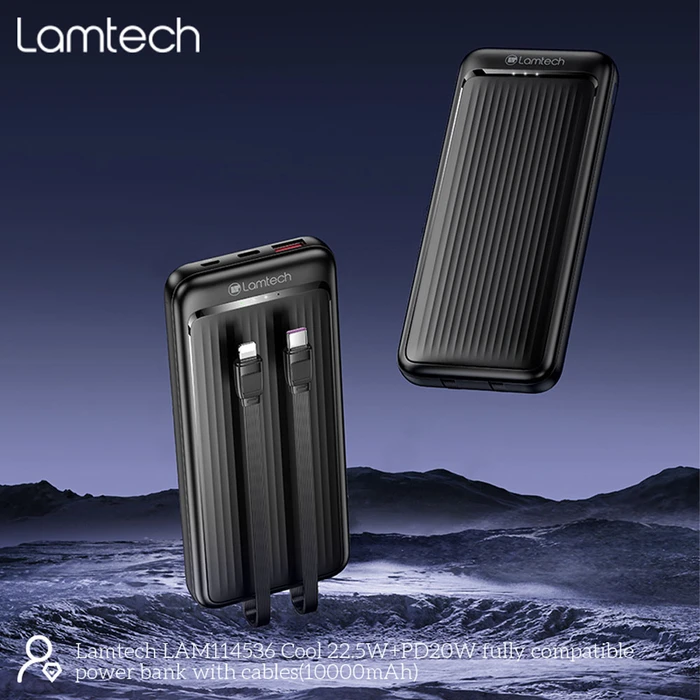Power Bank Lamtech Ultra-Thin With Type-C & Lightning Cables 10000mah 22.5w Black
