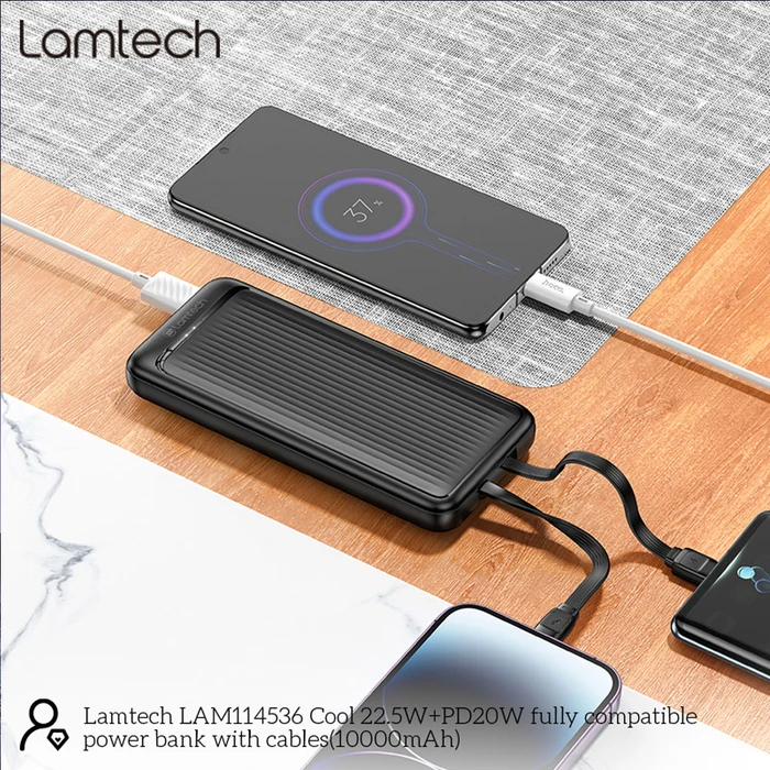 Power Bank Lamtech Ultra-Thin With Type-C & Lightning Cables 10000mah 22.5w Black