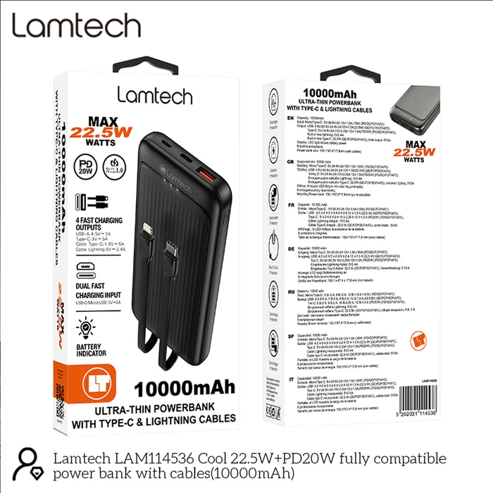 Power Bank Lamtech Ultra-Thin With Type-C & Lightning Cables 10000mah 22.5w Black