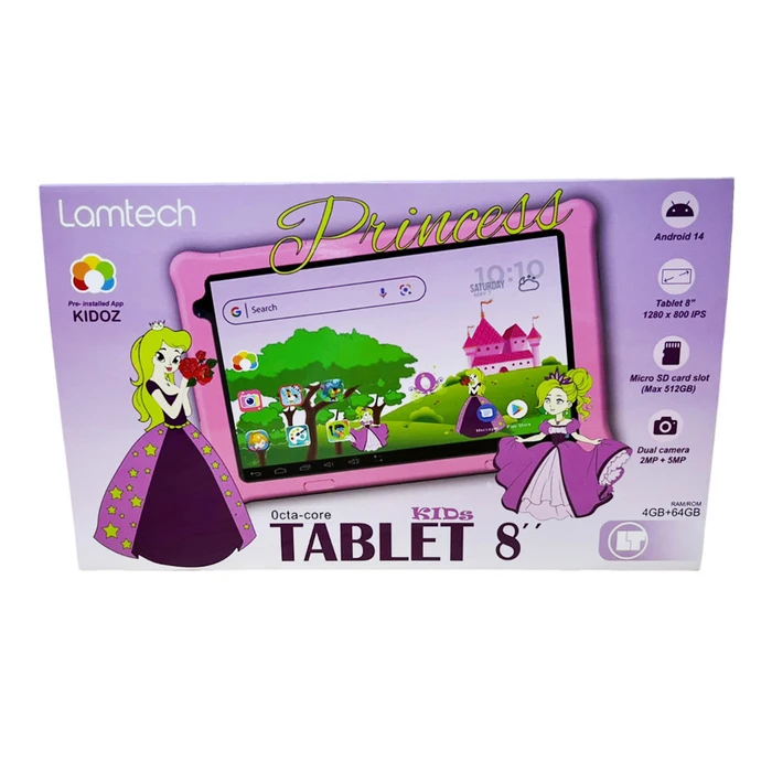 Tablet Lamtech Octa-Core Kid 8' 4Gb+64Gb Android 14 Coral Pink Princess