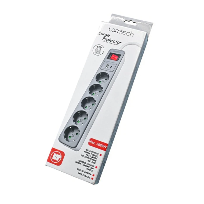 Πολύπριζο Lamtech 5Way Surge Protector With 1Xtype-C 1XUSB 5Xschuko Black/White 1.5M