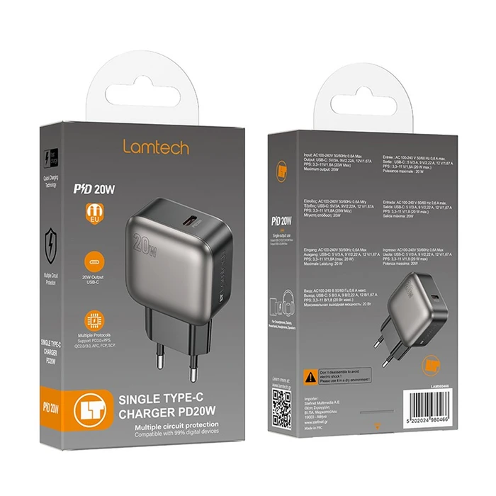 Φορτιστής Πρίζας Lamtech Single Type-C Pd20W Grey