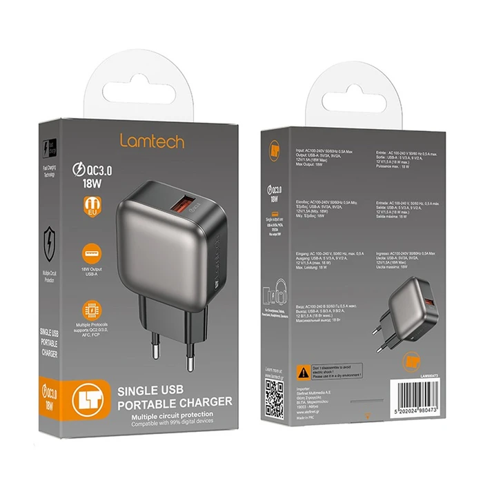 Φορτιστής Πρίζας Lamtech Single USB Qc3.0 18W Grey