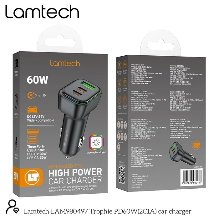 Φορτιστής Αυτοκινήτου Lamtech High Power 3-Port 60W Black