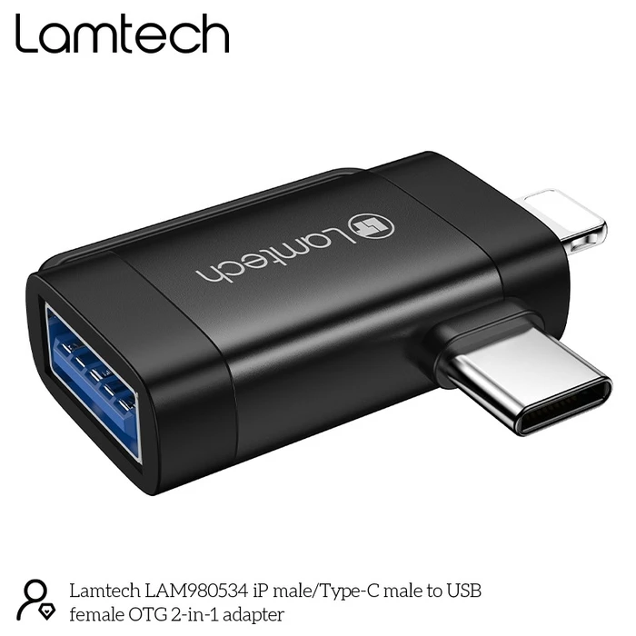 Αντάπτορας USB Lamtech 2-In-1 Ip/USB-C Male To USB2.0 Female Black