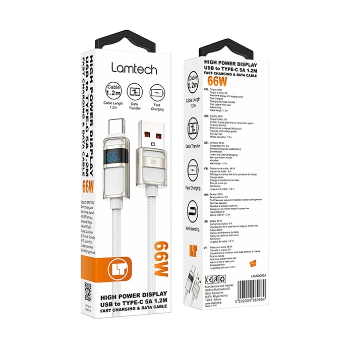 Καλώδιο USB Lamtech To Type-C 5A High Display Charge & Data 66W 1.2M White