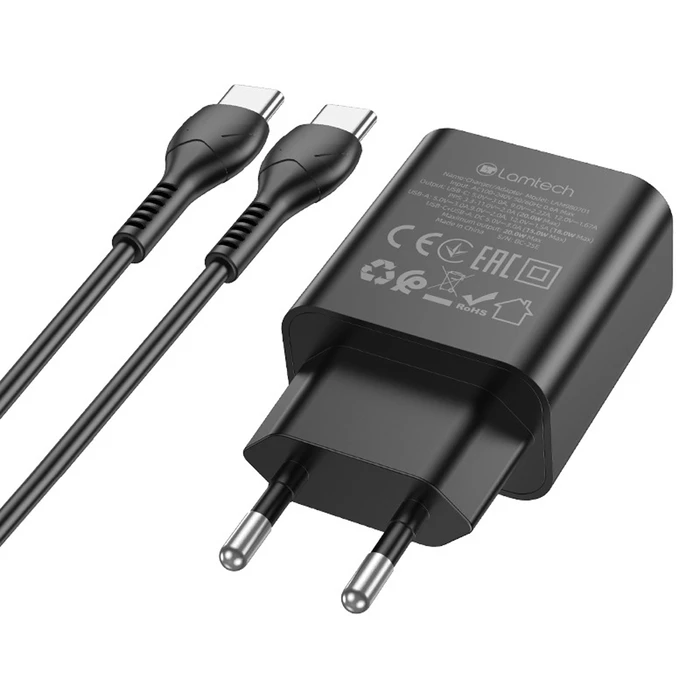 Φορτιστής Πρίζας Lamtech Dual Port Qc3.0/Pd20W With Type-C To Type-C 60W 1M Black