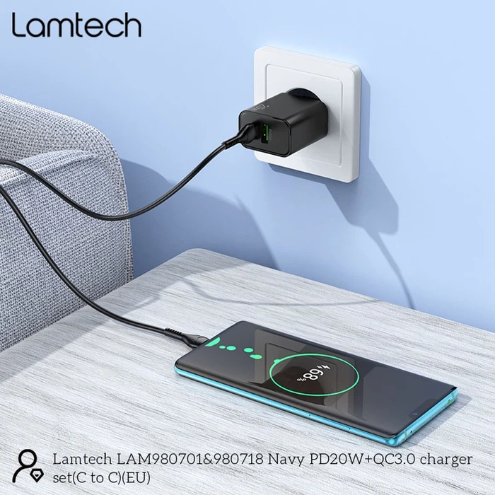 Φορτιστής Πρίζας Lamtech Dual Port Qc3.0/Pd20W With Type-C To Type-C 60W 1M Black