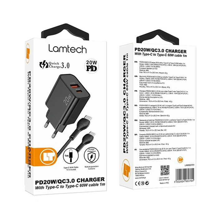 Φορτιστής Πρίζας Lamtech Dual Port Qc3.0/Pd20W With Type-C To Type-C 60W 1M Black