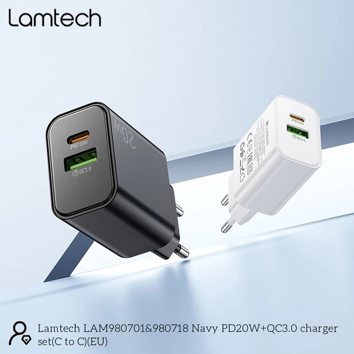Φορτιστής Πρίζας Lamtech Dual Port Qc3.0/Pd20W With Type-C To Type-C 60W 1M Black