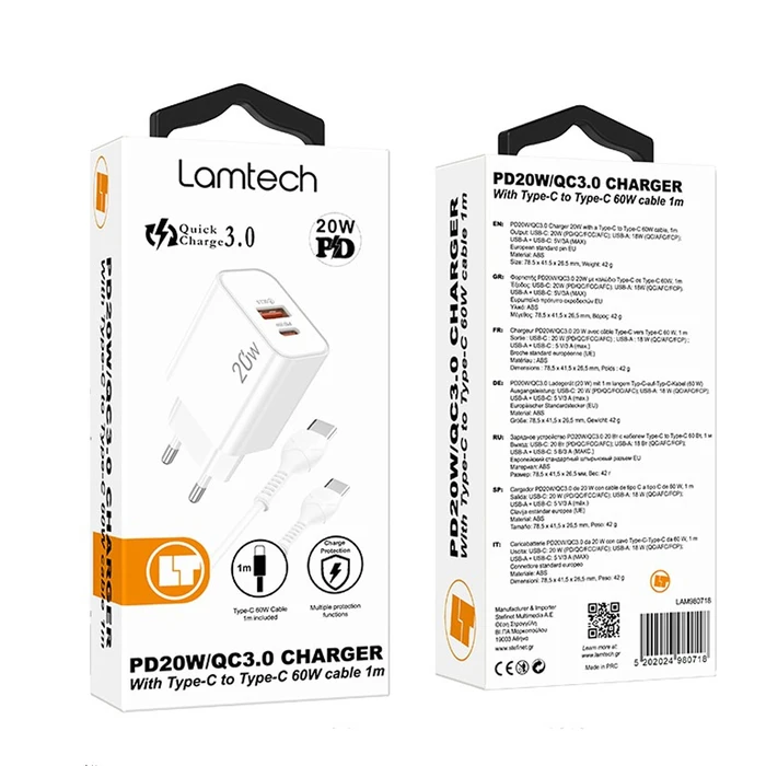 Φορτιστής Πρίζας Lamtech Dual Port Qc3.0/Pd20W With Type-C To Type-C 60W 1M White